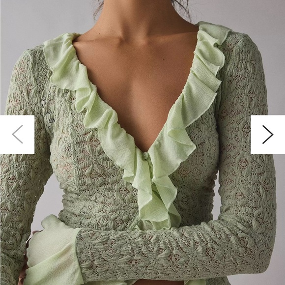 Kimchi Blue Tops - Libby Ruffle Trim Flyaway Lace Cardigan Top in Green